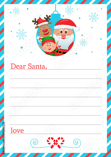 Dear santa claus, blank letter template with christmas symbols.