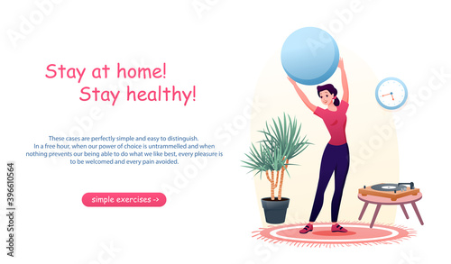 Cartoon woman active does sport exercises with ball at home. Coronavirus outbreak concept background. Stay at home in quarantine for healthy sport workout vector illustration.