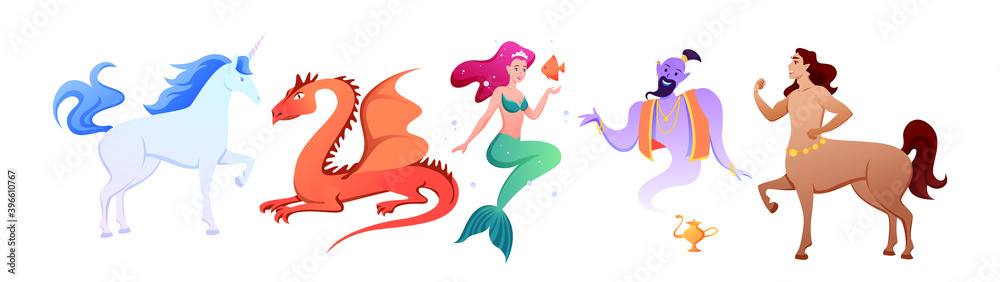 Cartoon mythology collection with myth fairy tale characters, fantastic beasts and monsters, mermaid centaur unicorn genie phoenix isolated on white. Cartoon mythology collection with myth fairy tale characters, fantastic beasts and monsters, mermaid centaur unicorn genie phoenix isolated on white.