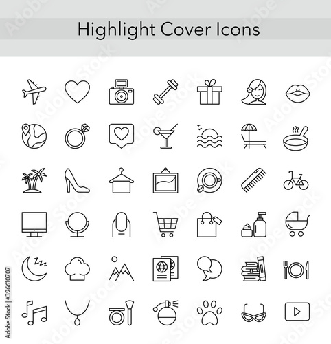 Social media collection thin line icons for highlights covers, female account, blogger stories, lifestyle fashion elements, food and travel. highlight icons vector set.