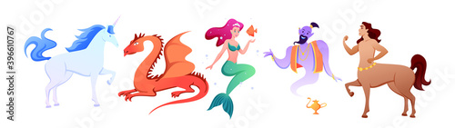 Cartoon mythology collection with myth fairy tale characters, fantastic beasts and monsters, mermaid centaur unicorn genie phoenix isolated on white. © Natalia