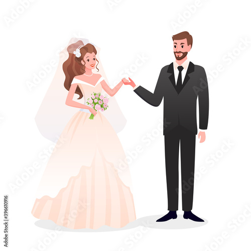 just married happy man woman characters standing together, cute romantic bride and groom holding hands on wedding day party celebration isolated on white. Couple wedding vector illustration.