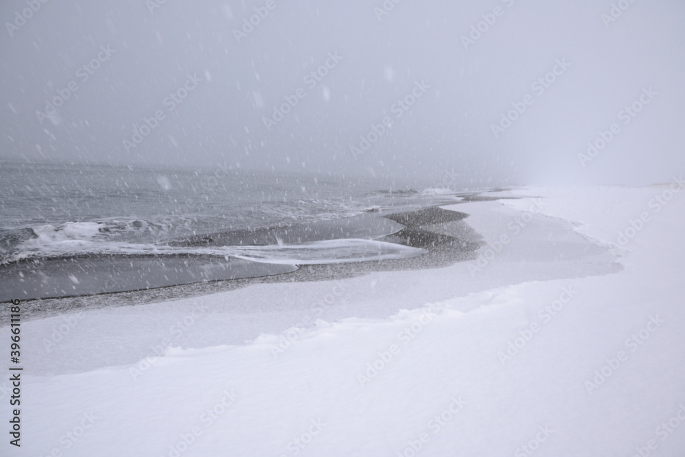 Snow blizzard on the beach that has black sand. Northern Iceland, Dalvík Snow blizzard on the beach that has black sand. Northern Iceland, Dalvík
