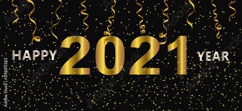 Golden Happy 2021 New Year.Holiday vector illustration,golden confetti and ribbons on a dark background.Graphic element for banner,greeting cards,invitation,poster or website.