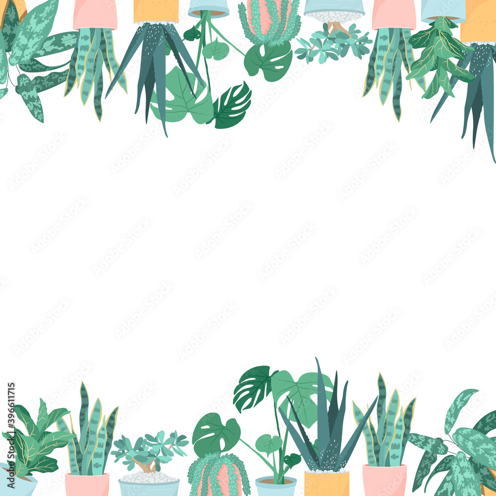 Illustration of top and bottom frame made of trendy houseplants in pots: aloe vera, fiddle leaf fig, snake plant, monstera, burros tail, aglaonema, jade plant. Decor for the interior of the house. Illustration of top and bottom frame made of trendy houseplants in pots: aloe vera, fiddle leaf fig, snake plant, monstera, burros tail, aglaonema, jade plant. Decor for the interior of the house.