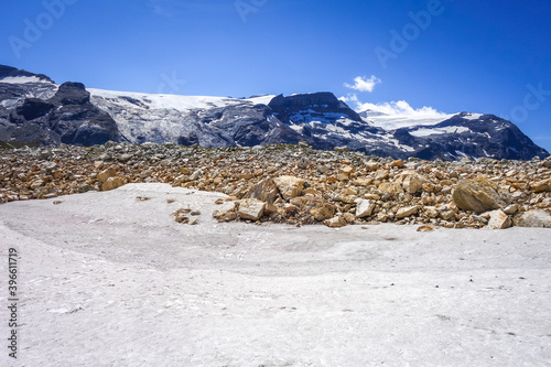 Alpine glaciers and neves snow landscape in French alps.