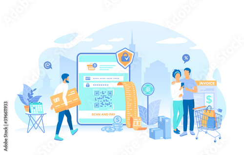 Man pays via tablet and phone with credit card. Online Payment. Money transfer, online banking, mobile wallet, pay history, mobile app. Working process, teamwork communication. Vector illustration