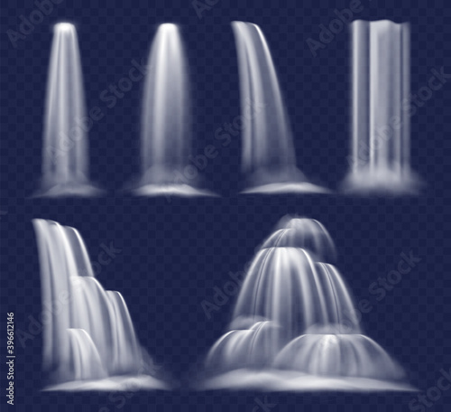 Obraz na plátně Realistic waterfall set, clear water stream falling down