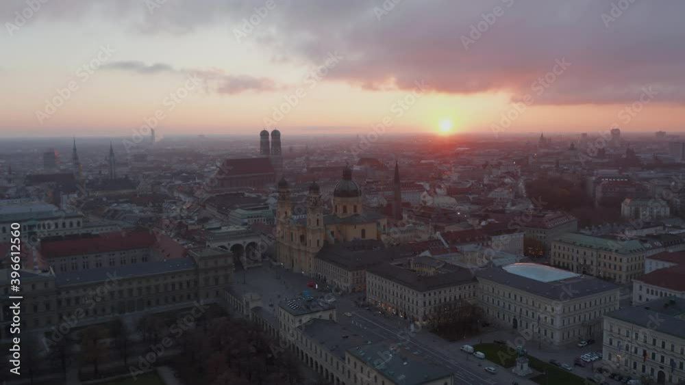 Wide Establishing Shot above Empty Munich, Germany Due to Coronavirus Covid 19 Pandemic Lockdown, No People and No Traffic on German Streets, Aerial View at Sunset Wide Establishing Shot above Empty Munich, Germany Due to Coronavirus Covid 19 Pandemic Lockdown, No People and No Traffic on German Streets, Aerial View at Sunset