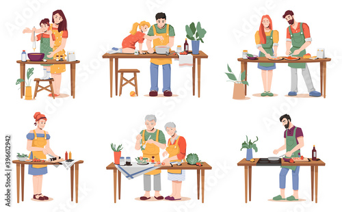 People cook different dishes at table isolated. Vector parents mum and dad teaching daughter and son to cook dinner, elderly couple prepare salad, woman makes sushi, man cooking eggs on breakfast