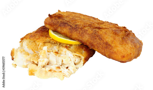 Фотография Two fried beer battered cod fish fillets isolated on a white background