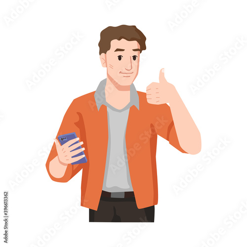 Man with thumb up likes smartphone isolated male person in casual cloth showing approval gesture to modern gadget. Vector handsome person using applications on mobile device, positive handsome boy
