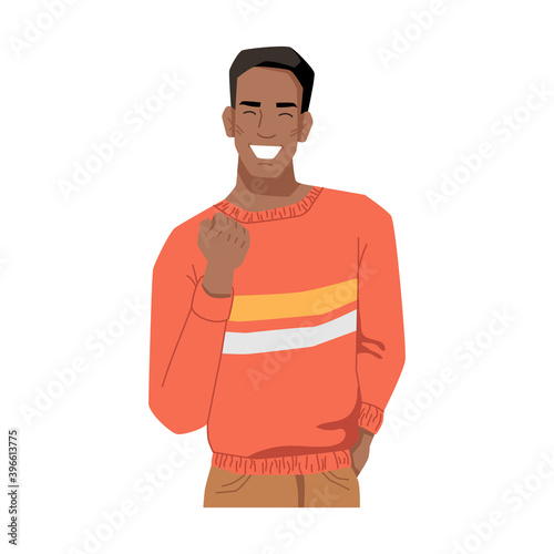 Excited afro american man expressing joy and happiness. Guy showing victory gesture of fist. Isolated student or worker, satisfaction and celebration. Cartoon character, vector in flat style