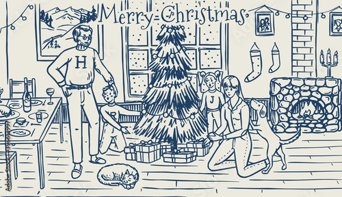 The family is decorating the tree for Christmas. Mom Dad Dog Cat and Children at the window with a fireplace at home. Cozy atmosphere. Winter concept. Hand drawn sketch. Vintage engraved illustration