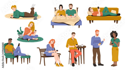 Internet addiction, people using smartphones in bed, sitting on armchair or on bench, lying on sofa, floor. Vector man and woman spend leisure time browsing or chatting in mobile phones, flat cartoon