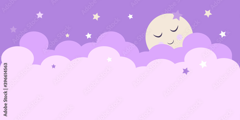 
The moon, stars, clouds. A light background in delicate pink and purple colors. Design for a children's bedroom.