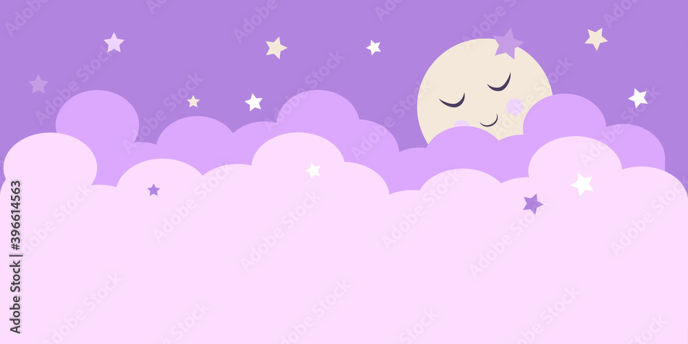The moon, stars, clouds. A light background in delicate pink and purple colors. Design for a children's bedroom.
The moon, stars, clouds. A light background in delicate pink and purple colors. Design for a children's bedroom.