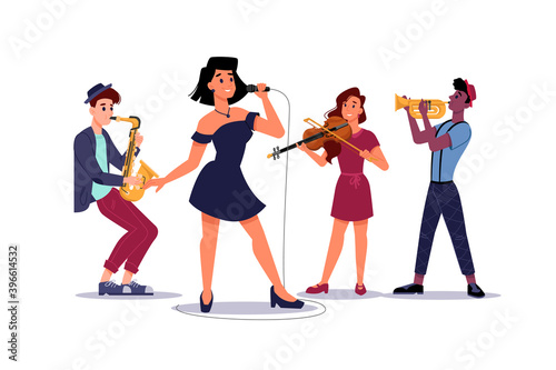 Classic music band, woman singer soloist, saxophone and trumpet players, isolated musical group. Vector concert or performance with musicians, sexy woman singer and violinist plays on violin