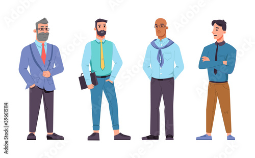 Males businessman of different ages, bearded and bald middle age boss in glasses, young worker and manager isolated flat cartoon characters set. Cooperation and agreement, teamwork entrepreneurs