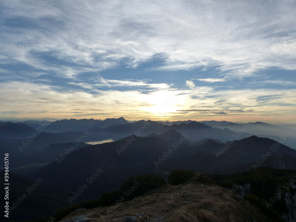 Sunset panorama view at Benediktenwand mountain in Bavaria, Germany