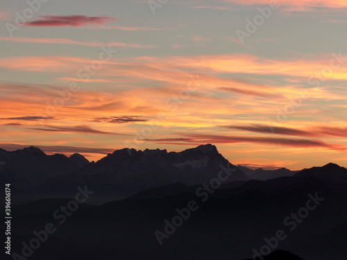 Sunset panorama view at Benediktenwand mountain in Bavaria, Germany