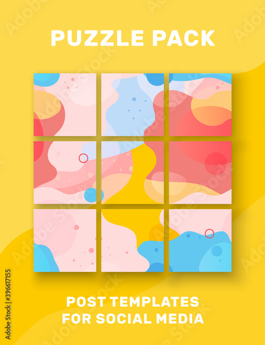 Vector abstract puzzles template posts for social media with bright colors. Nine design backgrounds with yellow blue and pink and text area