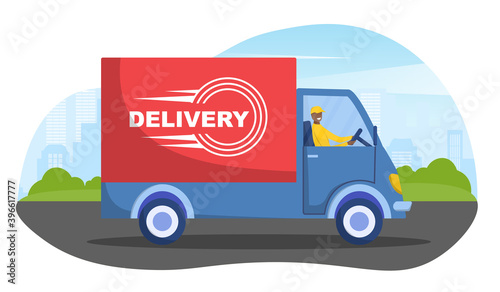 Online delivery service concept, online order tracking, delivery home and office. Car truck with courier, delivery man. Cartoon flat vector illustration