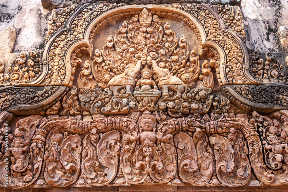 Relief à Banteay Srei, temple des femmes à Angkor, Cambodge