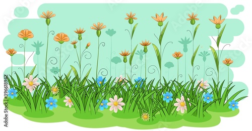 Blooming meadow with grass and flowers. Sky. Cartoon just style. Isolated on white background. Romantic fabulous illustration. Vector