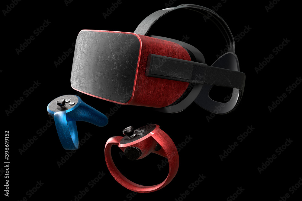 Obraz premium Used virtual reality glasses and controllers with scratches for online gaming