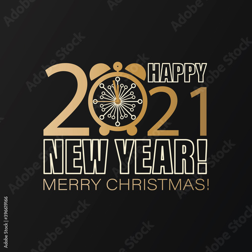 CHRISTMAS TIME. 2021 New Year. Vector large numbers, clock face with snowflakes. Logo, emblem. Cover of business diary, calendar, banner with snowflakes, modern gold shape on black background. 