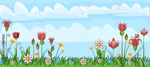 Blooming meadow with grass and flowers. Sky. Scenery. Cartoon just style. Romantic fabulous illustration. Beautiful natural view. Wild plant nature. Rural scene. Vector