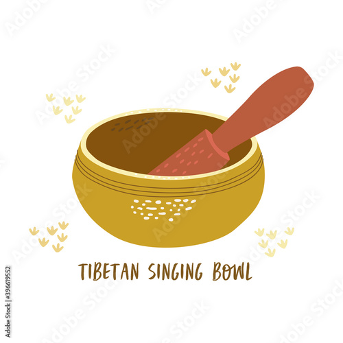 Flat vector cartoon illustration of a Tibetan singing or healing bowl with a wooden resonant stick and an isolated inscription on a white background.