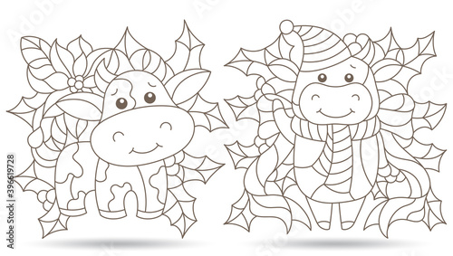 Set of contour illustrations in stained glass style with toy bulls and Holly branches, dark outlines isolated on a white background