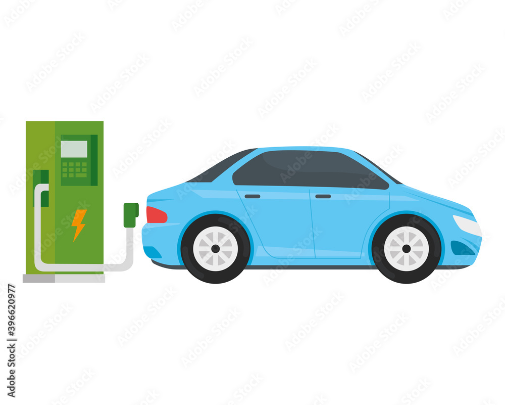 electric ecology service station with light blue car vector illustration design