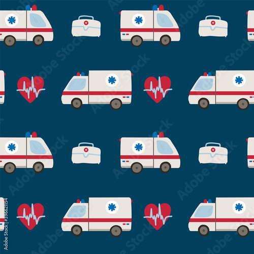 Background with an ambulance. Cute items for children's emergency services and rescuers. Drawn in flat style medical ambulance, heart, cardiology, aid box. A cartoon illustration of a substrate for