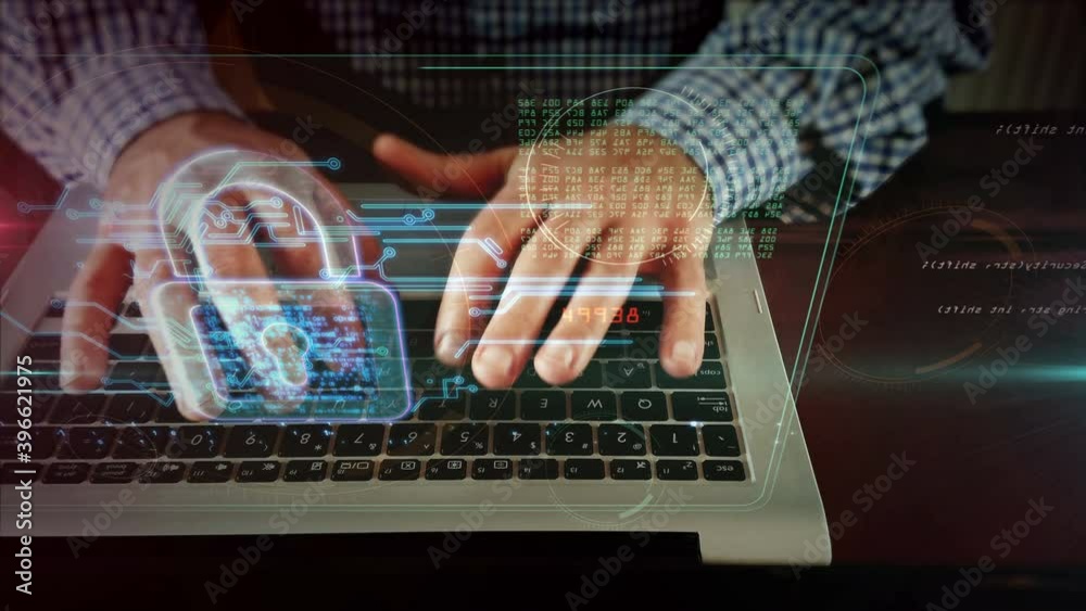 Cyber security concept with padlock symbol, computer protection and system safety icon. Camera moving with man typing on computer keyboard. Futuristic abstract 3d rendering.