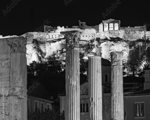 Athens Greece, night view of ancient Greek temple on Acropolis hill, black-and-white image