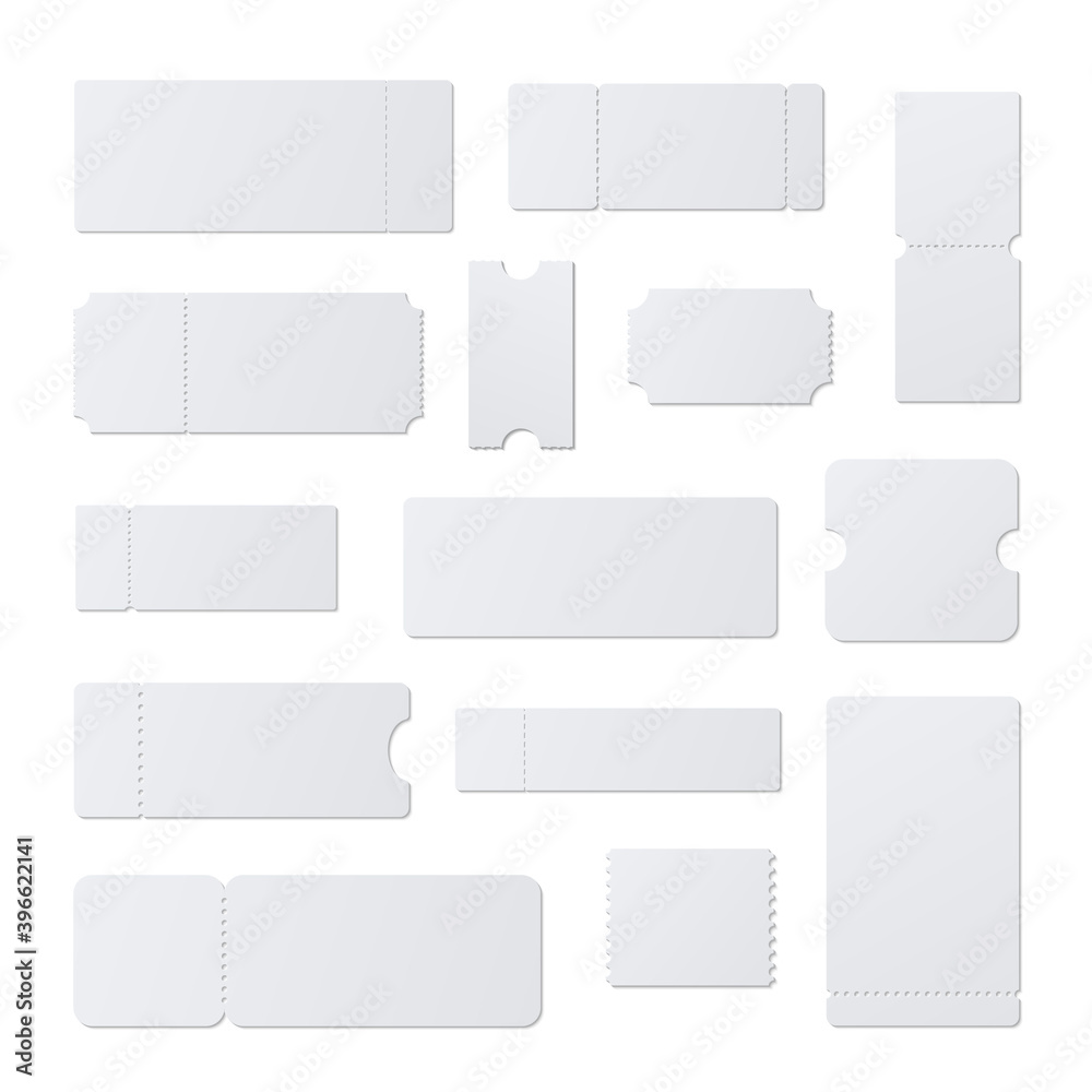 Ticket stubs with perforation holes different shaped realistic mockups ...