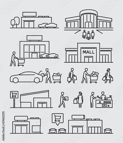 Shopping Mall Buildings Buyers Vector Line Icons