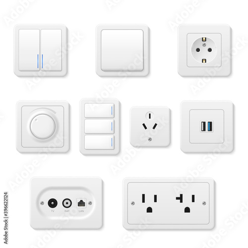 Sockets, light switches, outfits different design realistic set. Electrical supplies, panels.