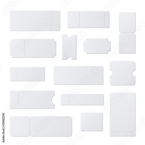 Ticket stubs with perforation holes different shaped realistic mockups set. Paper pass, permission.