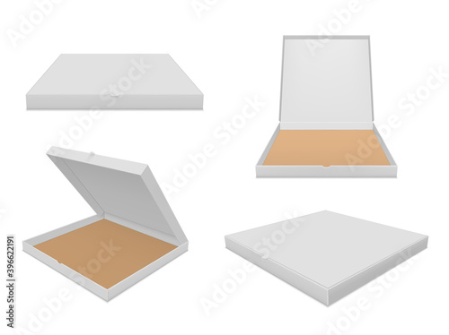 Flat carton boxes for pizza in different angles realistic templates set. Packaging for carryout mockups.
