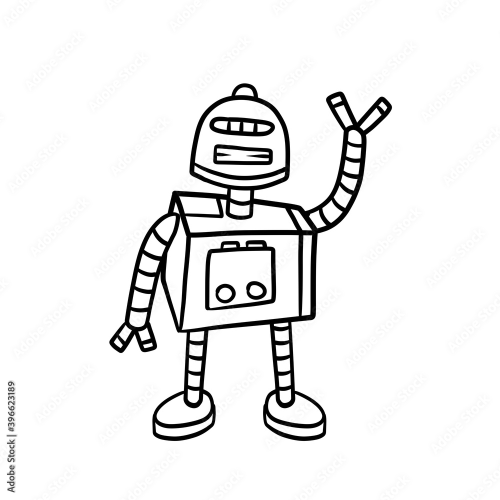 Robot. Doodle character. Metal computer man. Funny children drawing. Friendly Mechanism. Black and white cartoon illustration