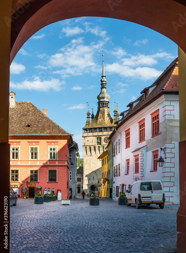 Landscape with Clock Tower in the medieval city of Sighisoara, Transylvania landmark, Romania