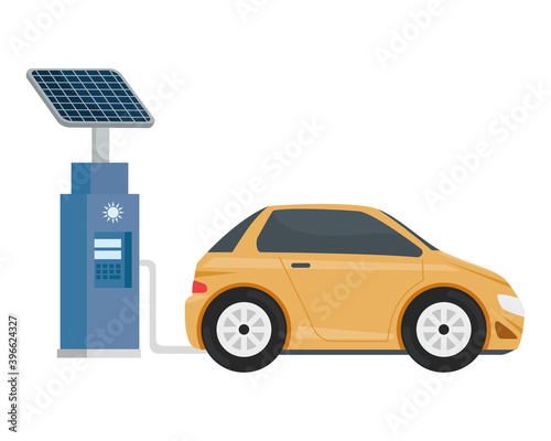 electric ecology service station with yellow car vector illustration design