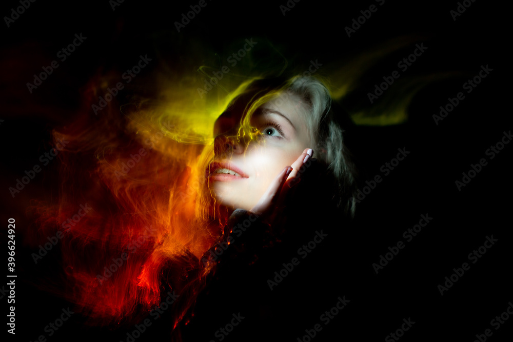 lightpainting portrait, new art direction, long exposure photo without photoshop, light drawing at long exposure