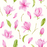 Magnolia watercolor pattern pink flowers and.leaves on white background.