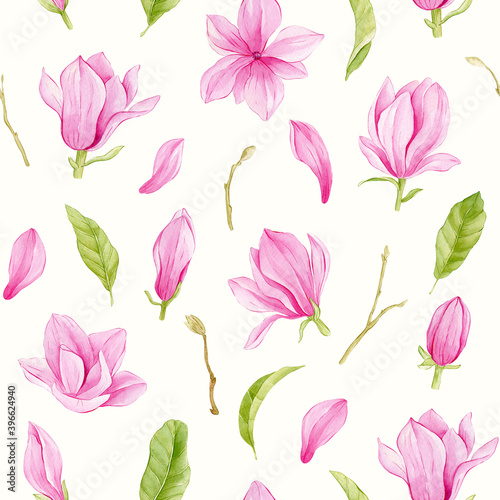 Magnolia watercolor pattern pink flowers and.leaves on white background.