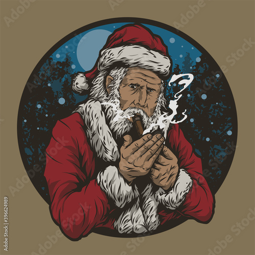 Vintage Retro Santa Claus Smoking Chigarette Cannabis in Night Forest Snow Fall Merrry Christmas Vector Mascot Illustration photo